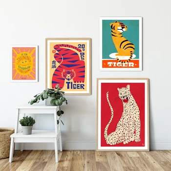 Tigris Illusztráció, Valamint Tipográfia Vászon Nyomtatás Egyszerű, Vadállat Kép Elvont Színes Posztert, Festményt, Gyerekek Wall Art Szoba Lakberendezés