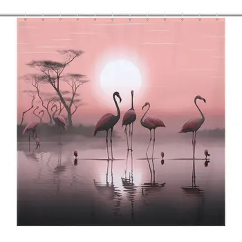 Eleven Flamingók Tükrözi Egzotikus Helyszínen zuhanyfüggöny Fürdőszobai Vízálló 12db Horgok Nyugodt, Vászon