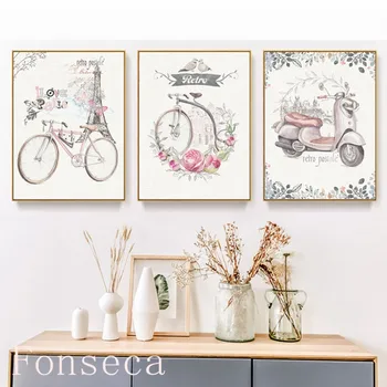Retro Stílusú Rózsaszín Bicikli Poszter Új Divat Vászon Festmény Wall Art Kép A Hálószoba gyerekszoba lakberendezés