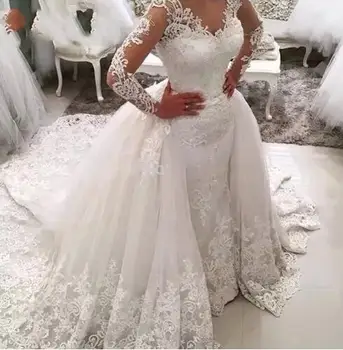 Vestido de noiva Csipke Sellő Esküvői Ruha, Levehető Szoknya Pántos Hosszú Ujjú Szaúd-Arábia Menyasszonyi Esküvői Ruhák Dubai