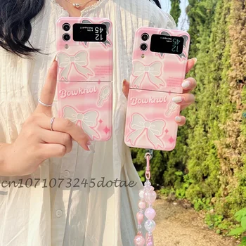 Gyönyörű Rózsaszín Üreges Íj Lánc Aranyos Telefon tok Samsung Galaxy Z Flip3 Z Flip4 Zflip 3 4 Luxus Fold Borító