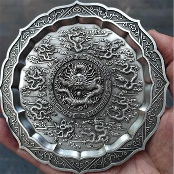 Antik bronz gyűjtemény: Antik Qing-Dinasztia Kowloon ezüst bevonatú lemez, gyönyörű faragott, majd illessze be csomagolás