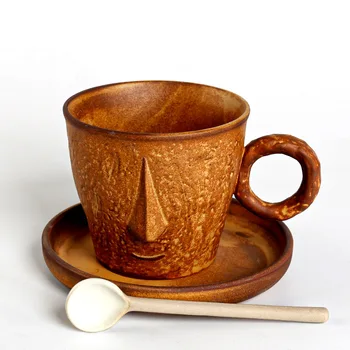 Kávét A Csésze Csészealj Szett Irodalmi Kreatív, Kézzel Készített, Nagy Kapacitású Reggeli Csésze Durva Kerámia Füle Lóg Kávét