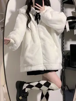Fehér Japán Aranyos Bolyhos Szőrzet Y2k Nők Esztétikai Tündér Grunge Kabát, Meleg Outwear Ber Fül Kapucnis Fehér Kabátok Csinos Felső