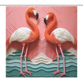 Az Élet ünnepe Elegáns Design Flamingók zuhanyfüggöny Fürdőszobai Vízálló 12db Horgok Kecses, Művészi