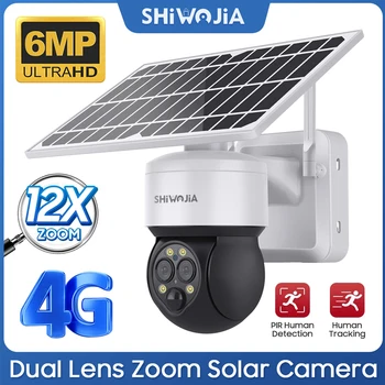 SHIWOJIA 3K 6 mp-es Napelemes Kamera, 4G SIM-Biztonsági Szabadtéri 12X Digitális Zoom Humanoid Nyomkövető Térfigyelő Kamera éjjellátó KAMERA PIR