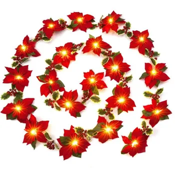 Karácsonyi Mesterséges Virág Dekoráció Garland String Fény, Karácsonyfa Dísz, Party Dekoráció Piros Bogyók Holly Levelek