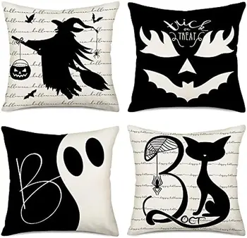 Vászon dekoratív párnahuzat fekete-fehér Halloween boszorkány, tök, haza kanapé dobja párnahuzat tér párnahuzat