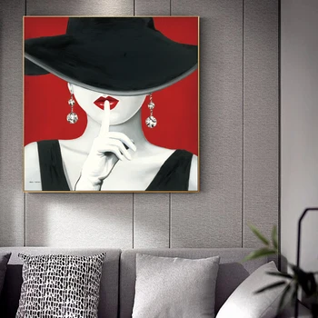 Szexi Lány, Fekete Sapka Vászon Art Festmények A Falon Vörös Ajkak Pop Nyomatok Modern Modell Képek Dekoráció