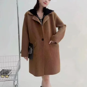 Kétoldalas kabát női téli közepes hosszúságú 2023 koreai hamis két darab szín kontraszt hosszú ujjú alkalmi kapucnis kardigán kabát