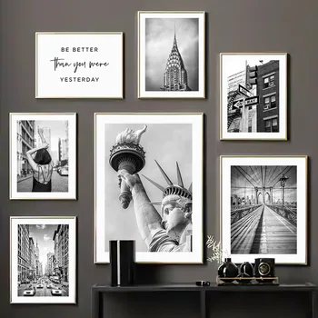 New York-I Szabadság-Szobor Brooklyn-Híd Fekete-Fehér Lakberendezés Poszter Nyomtatás Wall Art Vászon Festmény Nappali Képek