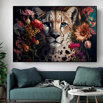 Modern, Leopárd, Virágokkal, Vászon Festmény Pillangó Wall Art Vadon élő Állat-Tigris Poszterek, Nyomatok, Nappali Dekor