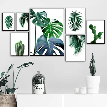 Friss Zöld Kaktusz Nagy Trópusi Levelek Wall Art Vászon Festmény Növények Északi Poszterek, Nyomatok, Fali Képek, Nappali