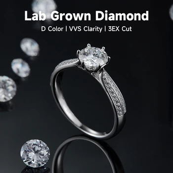 Labor Felnőtt Gyémánt Gyűrű A Nők 925 Sterling Ezüst 1 CT D VVS Igazi gyémántgyűrűt Egyszerű Hat Vasvilla Gyűrű Esküvők