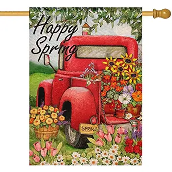Boldog Új Tavaszi Vintage Piros Teherautó Ház Zászló, Pickup Haza Udvaron Kerti Dekoratív Kültéri Nagy Zászló, Daisy Tulipán Virág Kívül