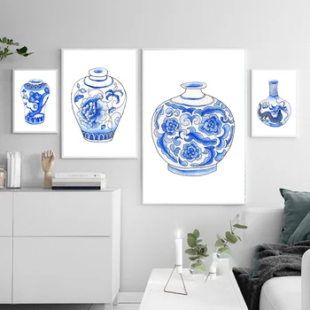 Ázsiai Hagyományos Vázák Akvarell Festmény Művészet Vászon Nyomatok Kínai Stílusú Kék-Fehér Chinoiserie Váza, Tányér, Fali Kép