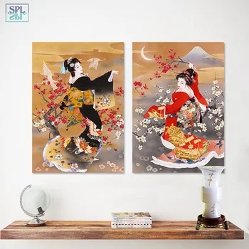 SPLSPL Japán Stílusú Képeket Szilva Virág Vászon Festmény Retro Kimonó Hölgy Wall Art Kép a Nappali Otthoni Dekoráció